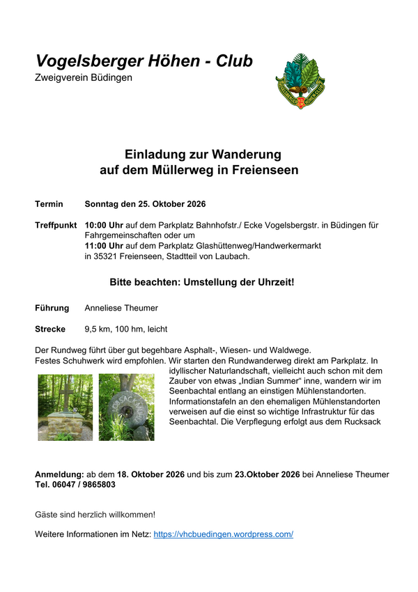 Einladung zur Wanderung auf dem M&uuml;llerweg in Freienseen 25.10.2026