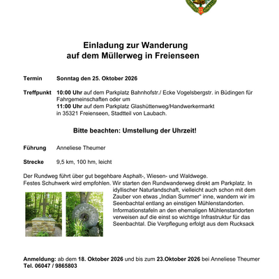 Einladung zur Wanderung auf dem M&uuml;llerweg in Freienseen 25.10.2026