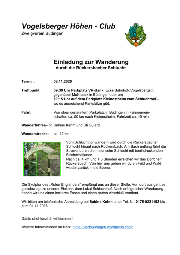 Einladung zur Wanderung durch die R&uuml;ckersbacher Schlucht 08.11.2026