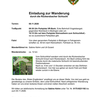 Einladung zur Wanderung durch die R&uuml;ckersbacher Schlucht 08.11.2026